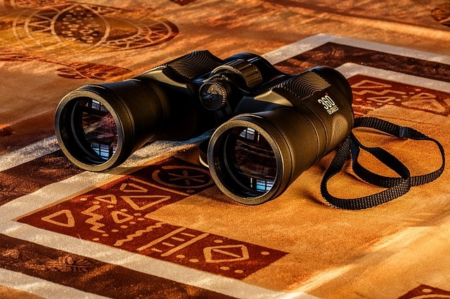 binoculars on a printed brown cloth