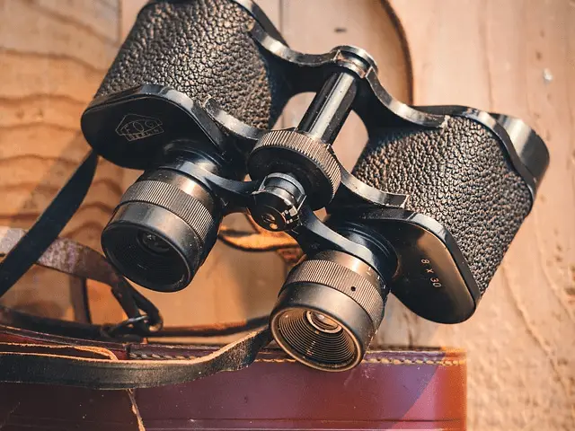 binoculars with a red bag