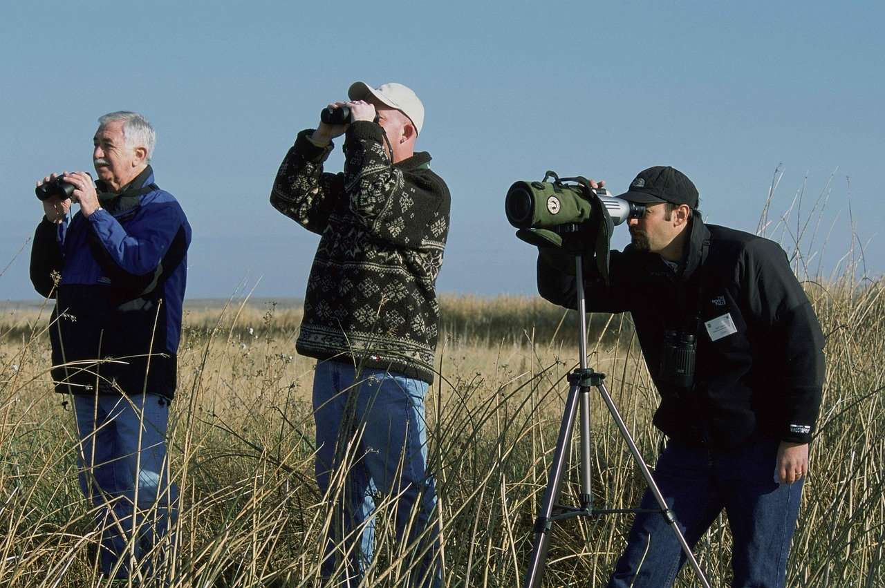 Man looking through scopes and binoculars
