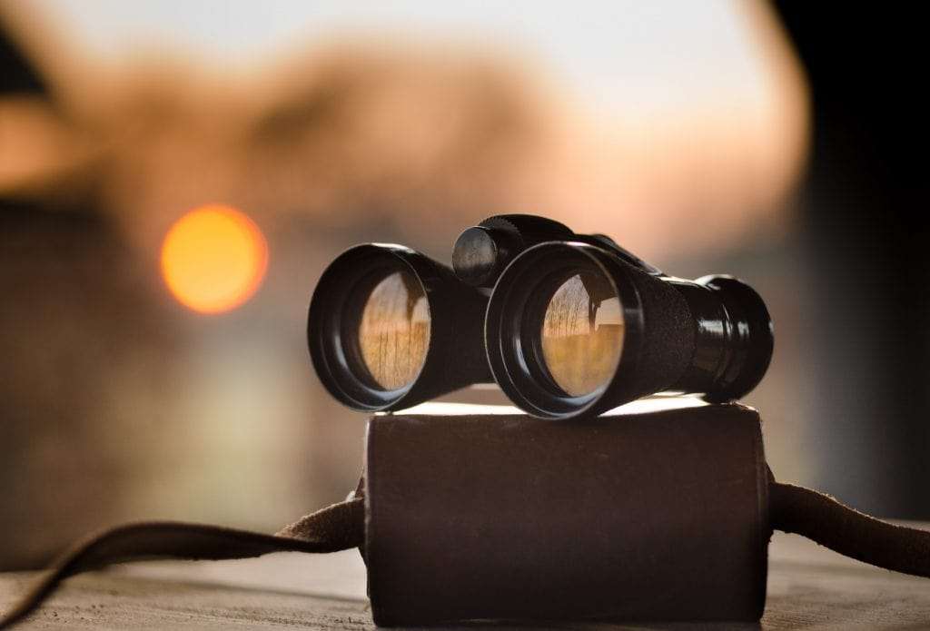 Binoculars with low sun behind them