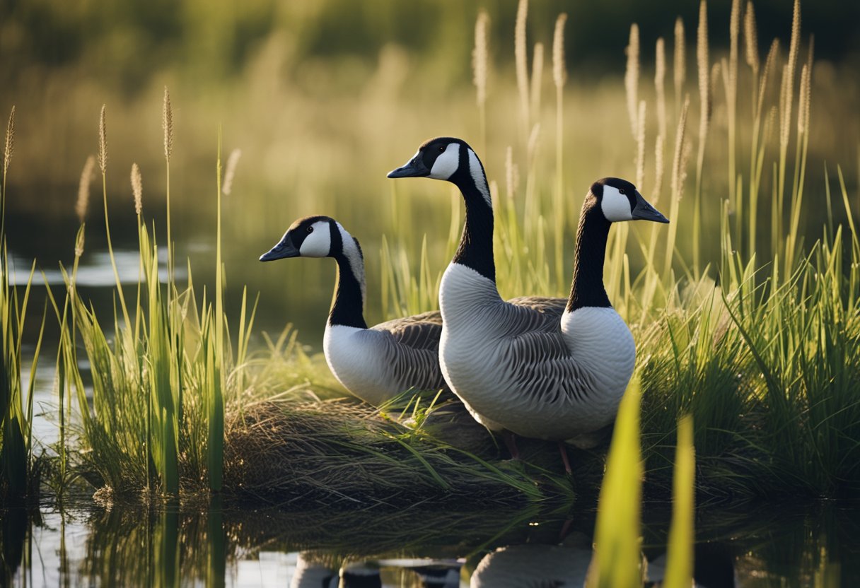Geese nesting in a grassy wetland, surrounded by reeds and water