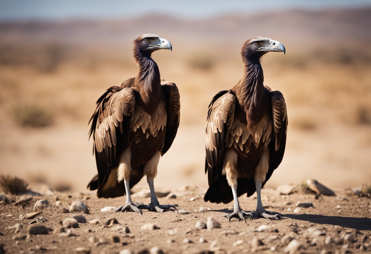 Vultures circle above a barren landscape, their sharp beaks and keen eyes scanning for prey