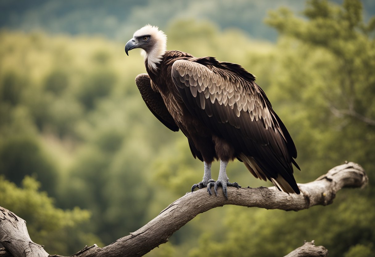 A vulture perched on a tree branch, with a sharp beak and large wingspan, surveying the landscape below