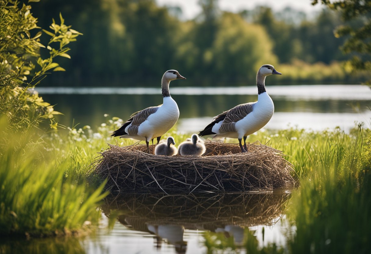A pair of geese build a nest near a pond. The female lays several eggs, while the male stands guard nearby