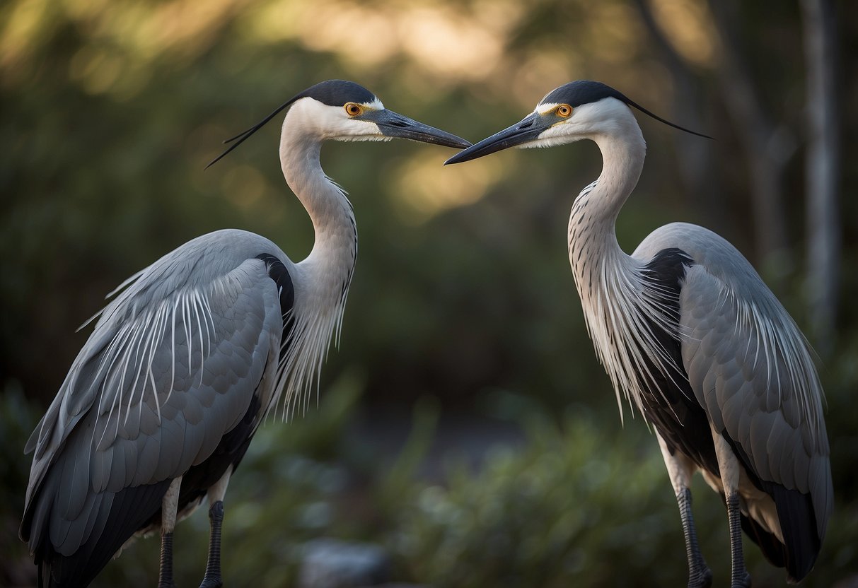 A crane stands tall and elegant, while a heron is more hunched over with a sleeker profile. The crane's posture exudes confidence, while the heron appears more stealthy and cautious