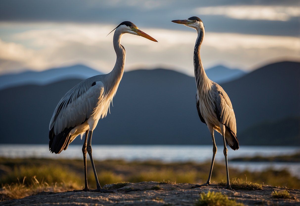 A crane and a heron stand side by side, showcasing their contrasting features. The crane is tall and elegant with a long neck and legs, while the heron is smaller and more compact, with a sleek and slender body