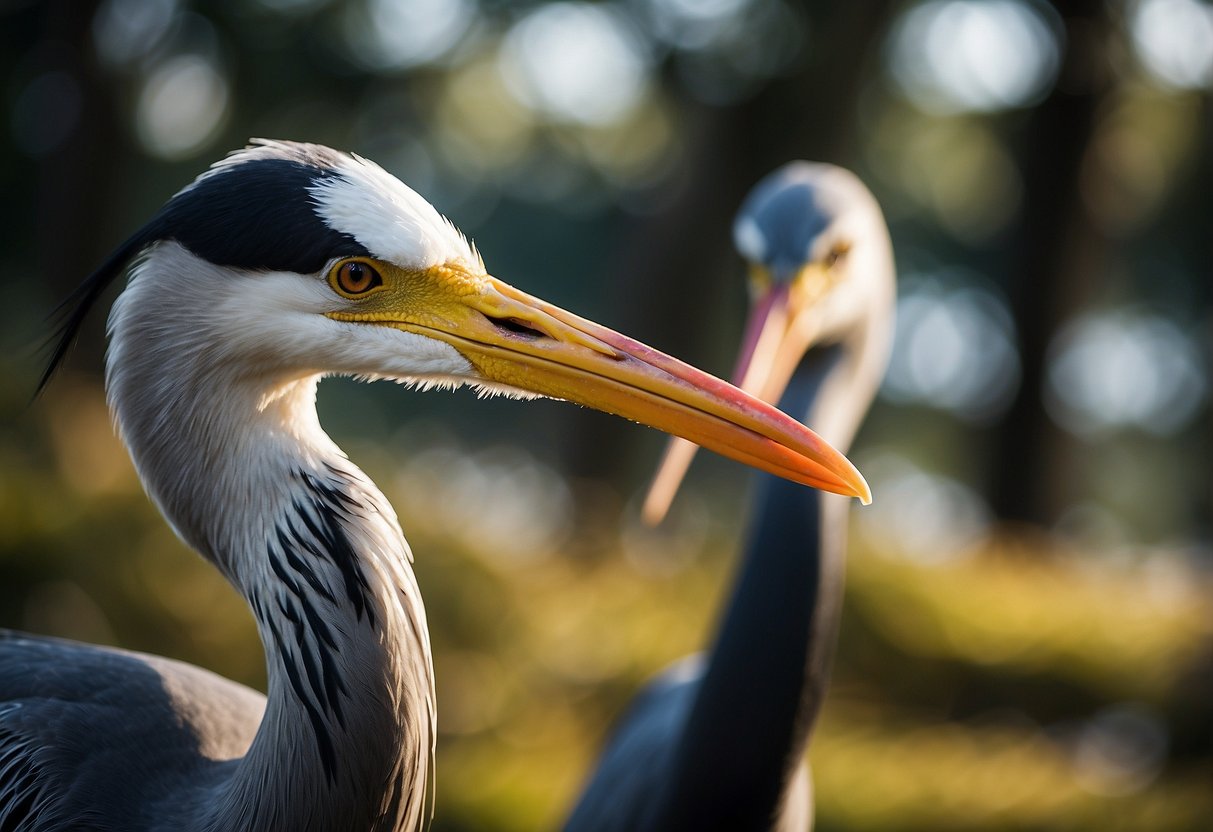 A crane and a heron face off, standing tall with beaks pointed towards each other, feathers ruffled in a display of dominance