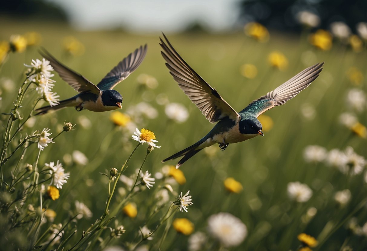 Swallows swooping over green fields and blooming flowers in the UK, signaling their arrival