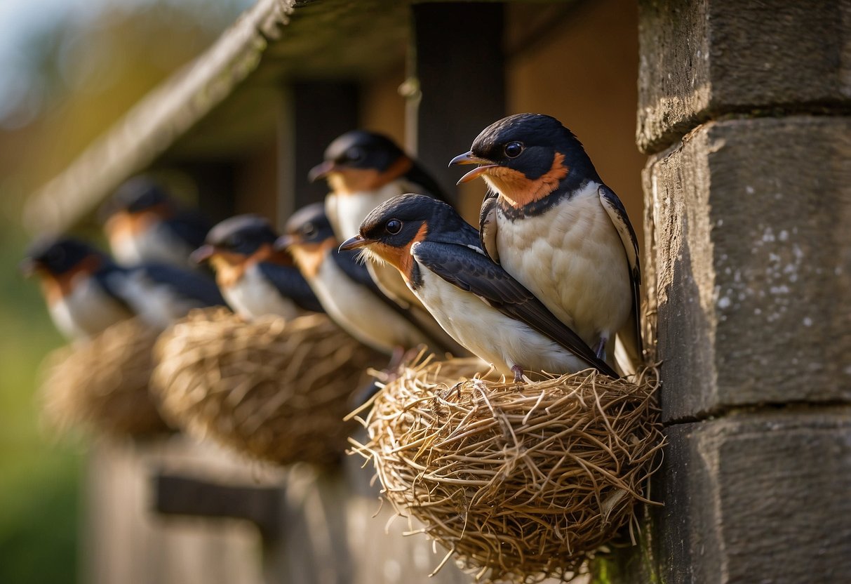 Swallows arrive in the UK in April, building nests in barns and under eaves. They lay eggs and feed their young before migrating in September