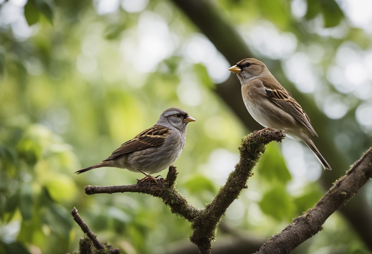 A finch and sparrow face off on a tree branch. Their feathers ruffle as they chirp loudly, each defending their territory