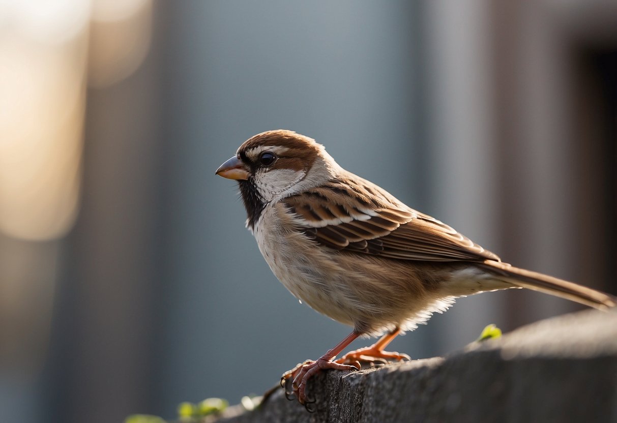 House sparrows perched on urban structures, scavenging for food scraps and nesting materials