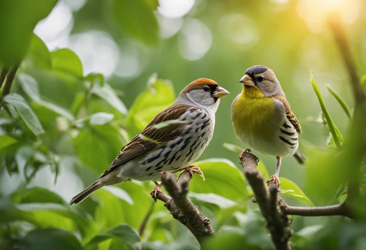 A finch and sparrow perch on separate branches, their vibrant feathers contrasting against the green foliage. The finch's slender beak pecks at a seed, while the sparrow flits about, its distinctive markings catching the light