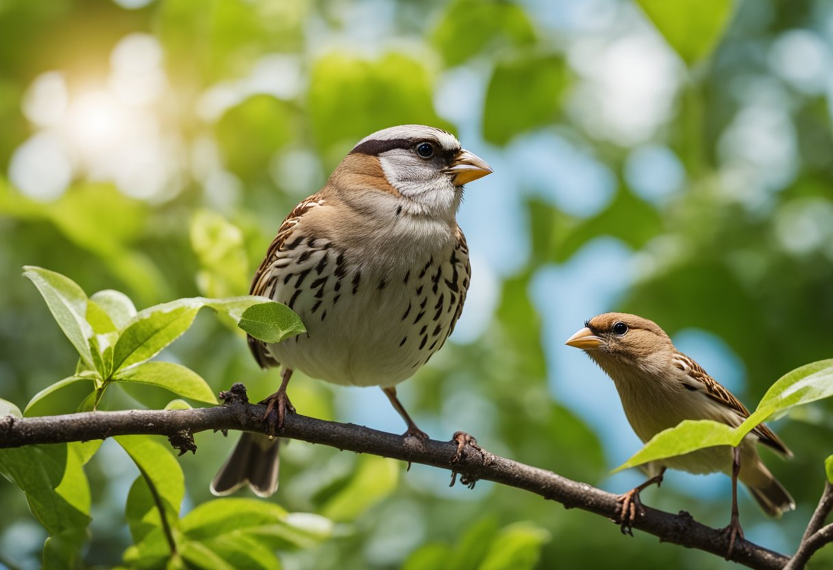 A finch and sparrow perched on branches, facing each other. The finch has a curious expression, while the sparrow appears cautious. The background is a mix of green leaves and blue sky