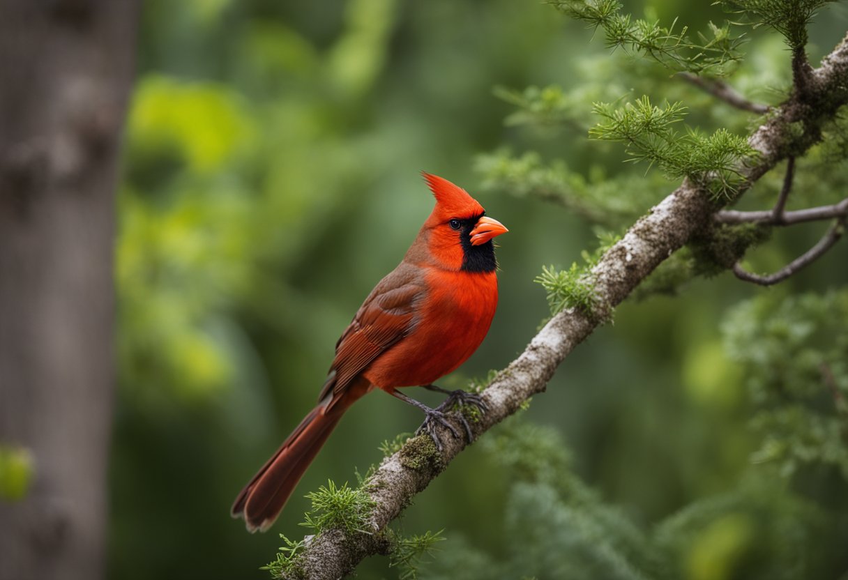 A forest scene with various types of trees and shrubs, with a cardinal bird perched on a branch, surrounded by other birds of the same species