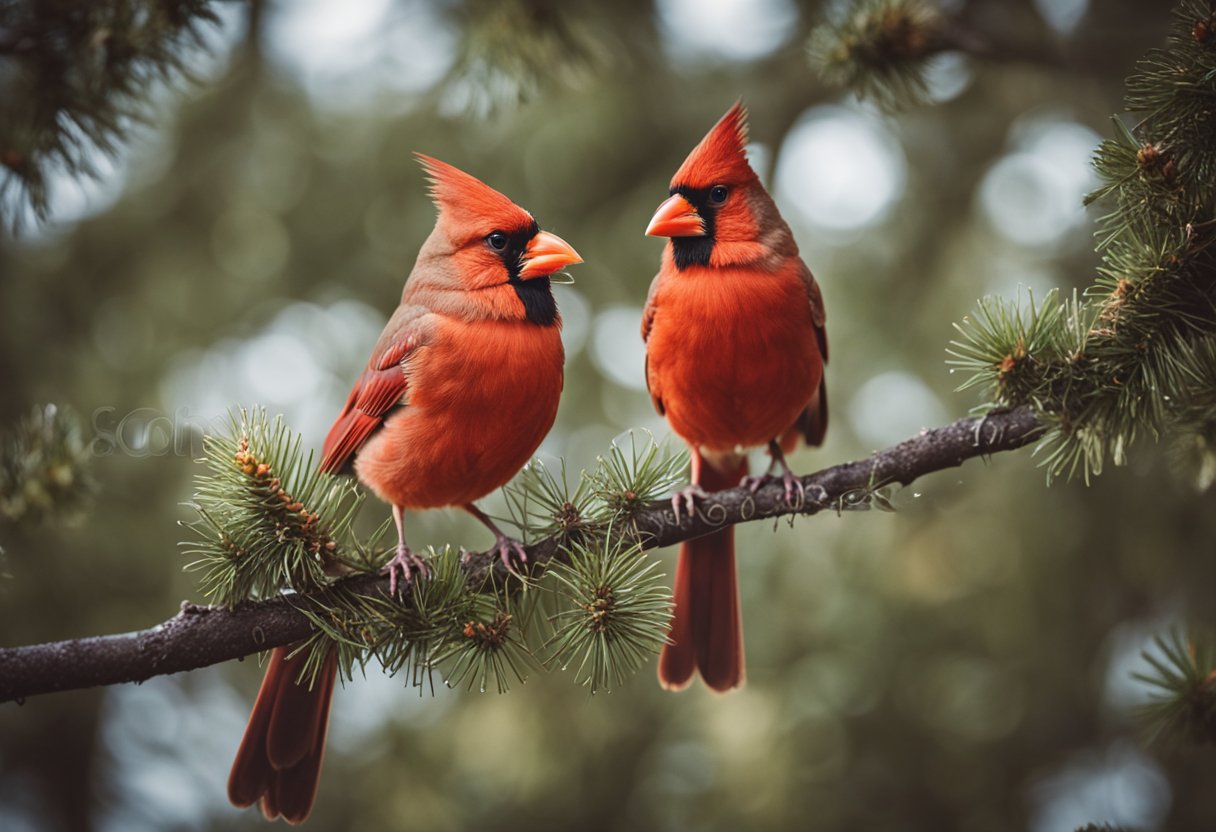 Two cardinals perched on a tree branch, one feeding the other