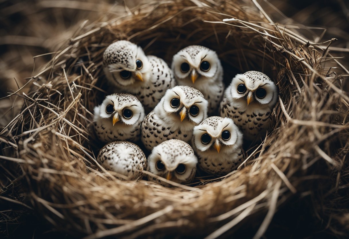 A nest of owl eggs hatches, revealing tiny owlets