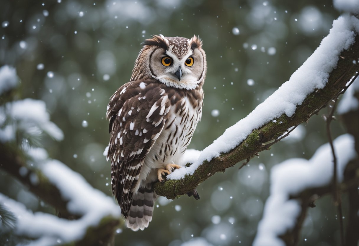 A baby owl perched on a tree branch, surrounded by a flurry of curious forest animals
