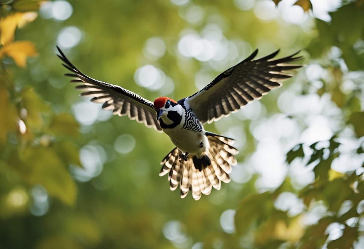 Woodpeckers migrate, flying through a forest of tall trees with a mix of green and autumn-colored leaves. The birds move in a group, their distinct red heads and black and white feathers standing out against the backdrop