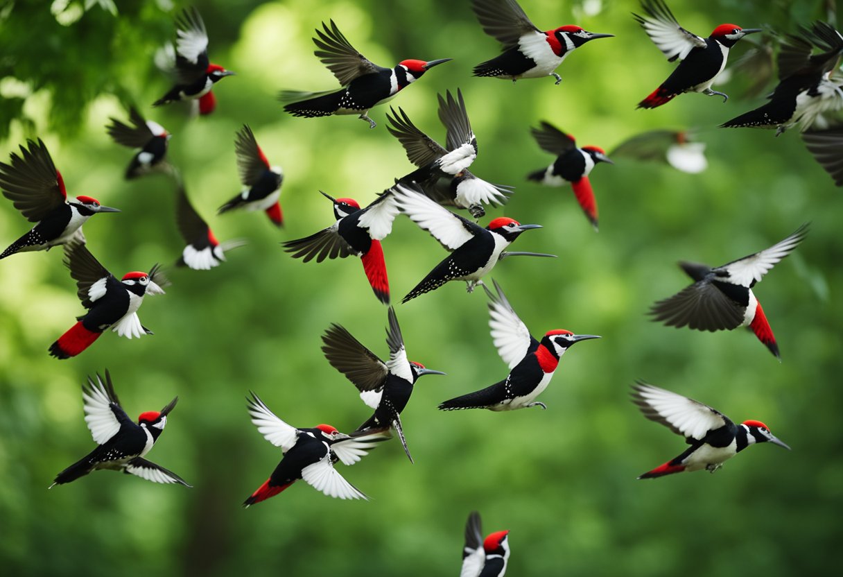 A flock of woodpeckers flies in a V formation over a forest canopy. The vibrant red, black, and white feathers stand out against the lush green backdrop