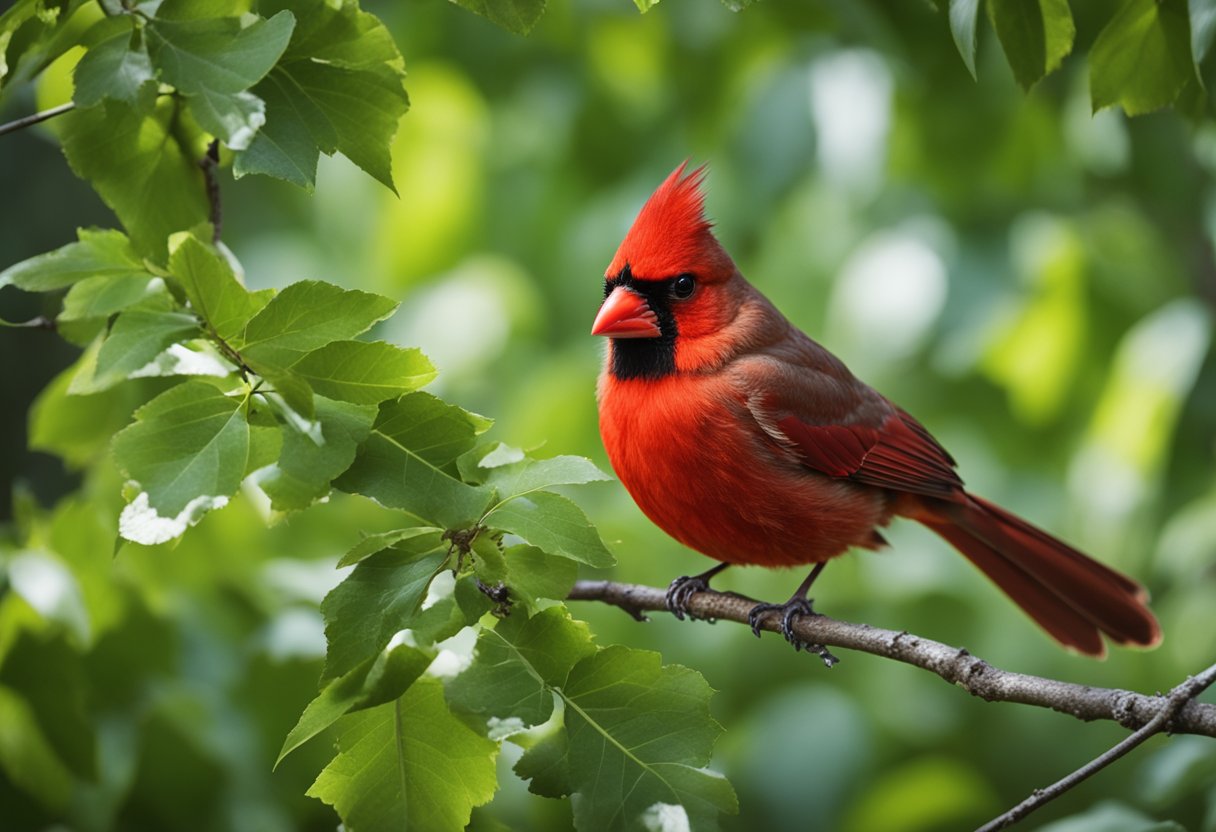 A cardinal perched on a tree branch, surrounded by different species of birds. The bright red plumage of the cardinal stands out against the green leaves