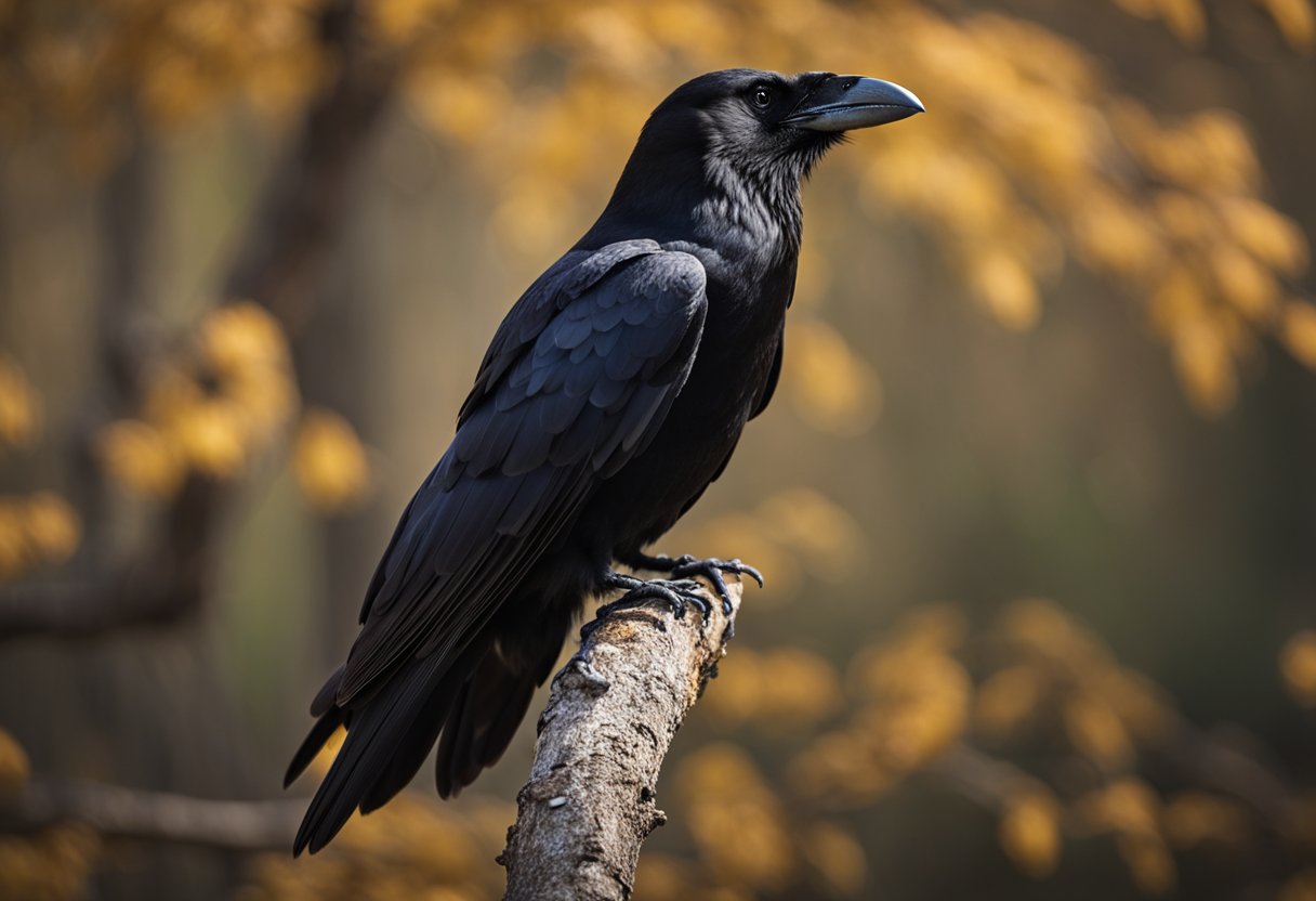 A raven, larger with a heavier bill, perches on a branch. A crow, smaller with a slender bill, stands nearby