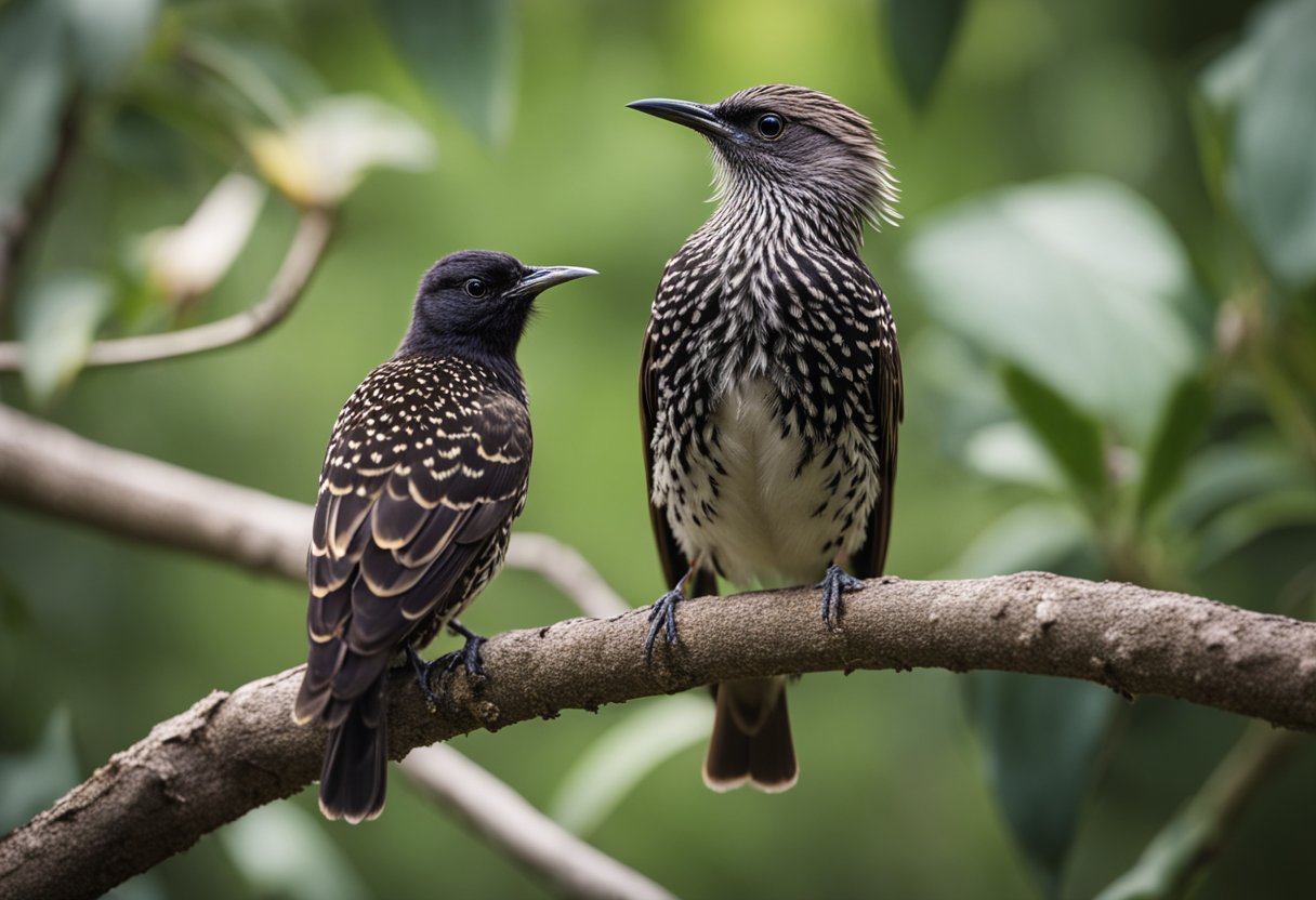 A fluffy baby starling with speckled feathers perched on a tree branch, its beady eyes and open beak eagerly awaiting food from its parent