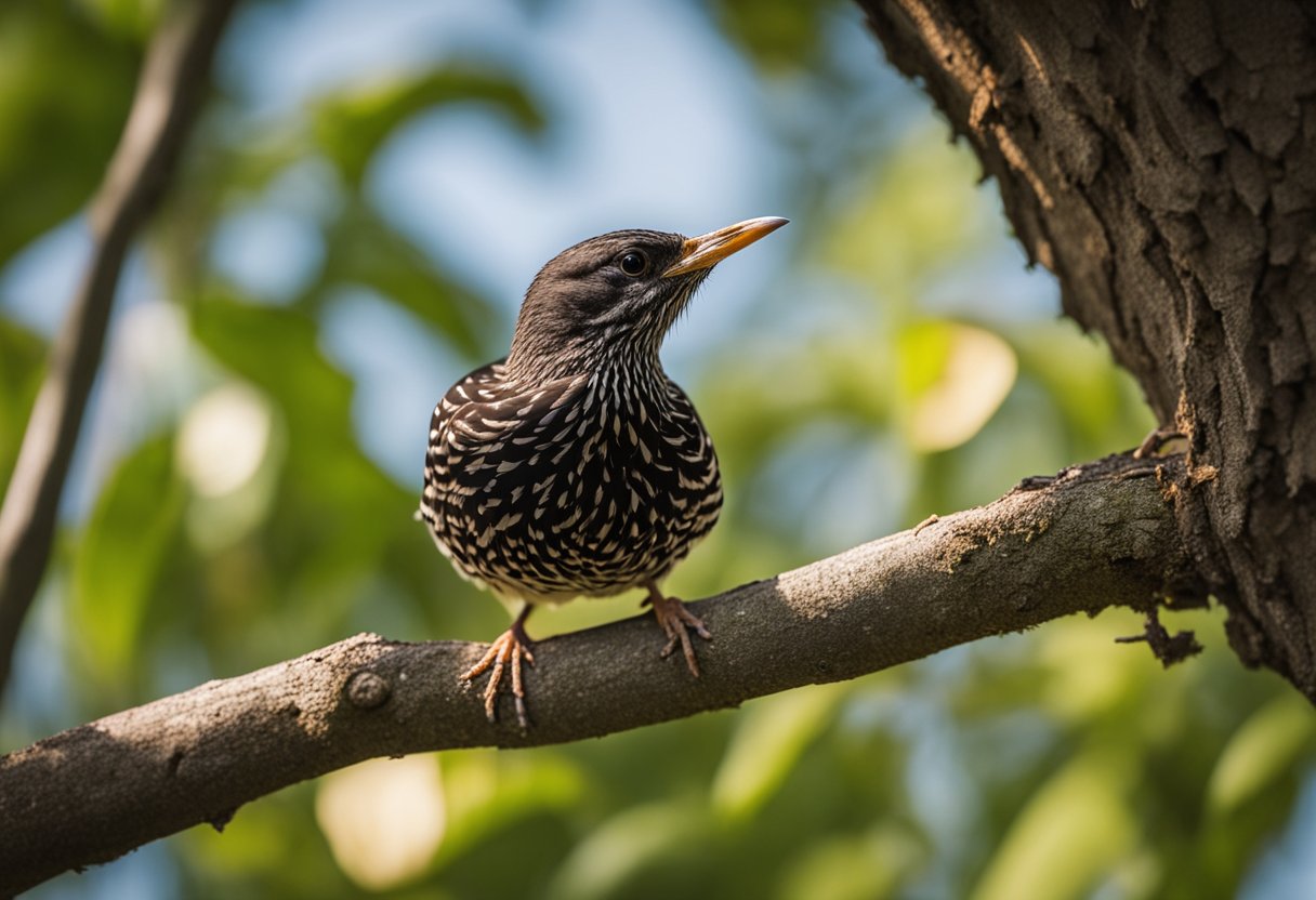 A baby starling perches on a tree branch, its parents bringing food to the nest in a hole in a tree trunk