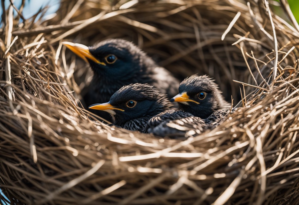 A group of baby starlings huddle together in a nest, chirping and vying for attention from their parents. The older siblings display dominance over the younger ones, establishing a clear social structure within the group