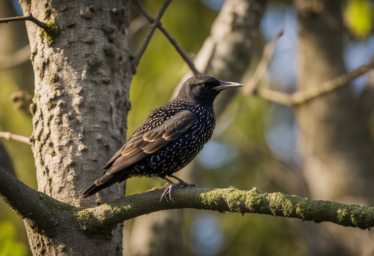 A baby starling perched on a tree branch, surrounded by a group of adult starlings, all looking curiously at the viewer