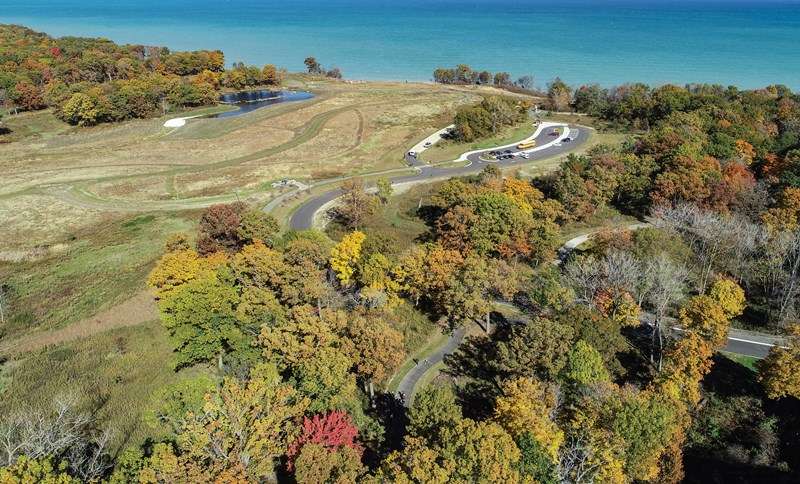 Illinois Fort Sheridan Forest Preserve Aerial view of car park and park.