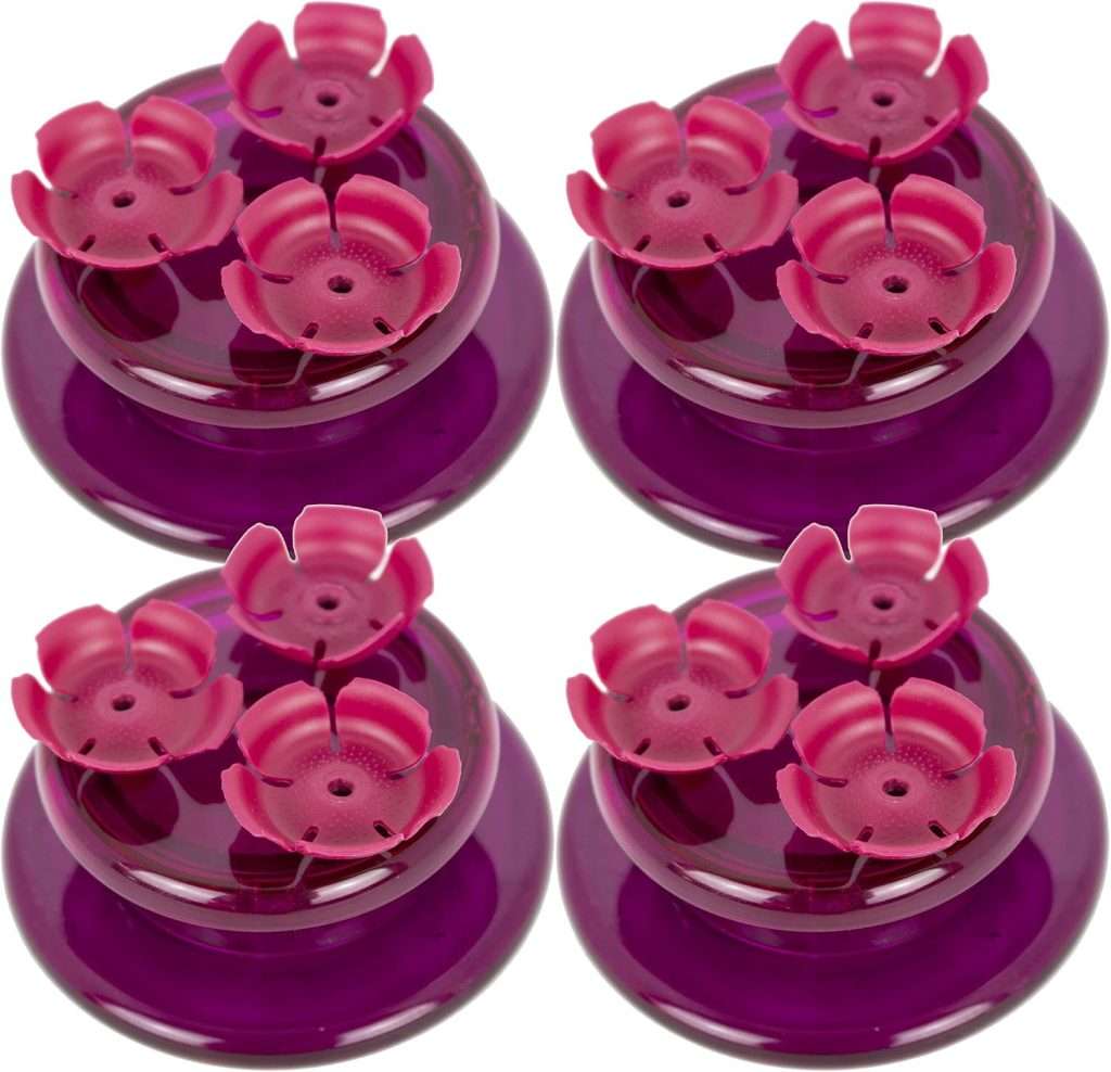Set of 4 small flat hummingbird feeders, each with 3 ports on top.