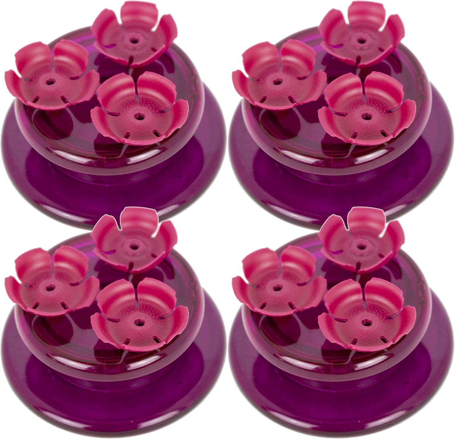 Set of 4 small flat hummingbird feeders, each with 3 ports on top.