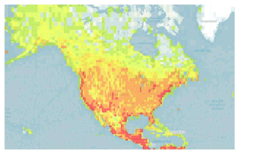 A map of North America showing birding hotspots.