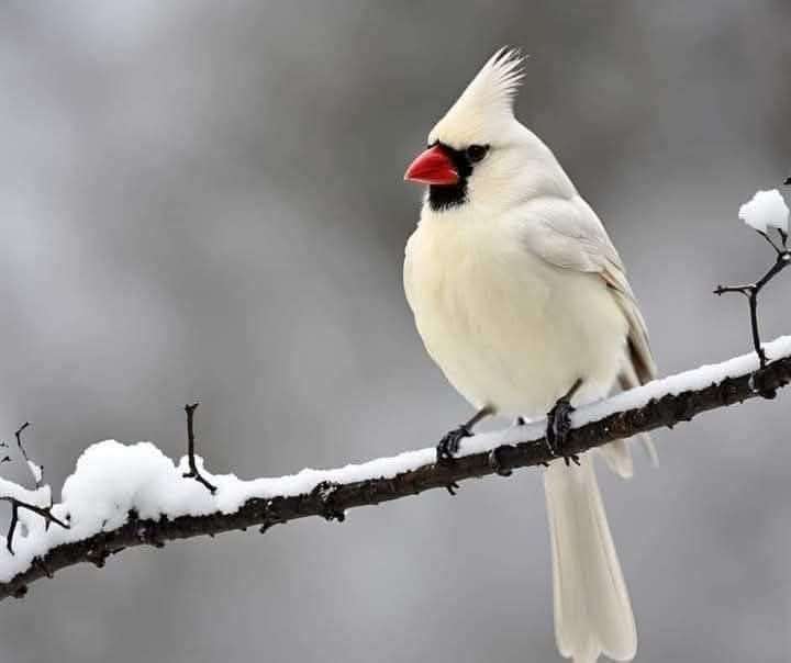White Cardinal sitting on a snowy branch