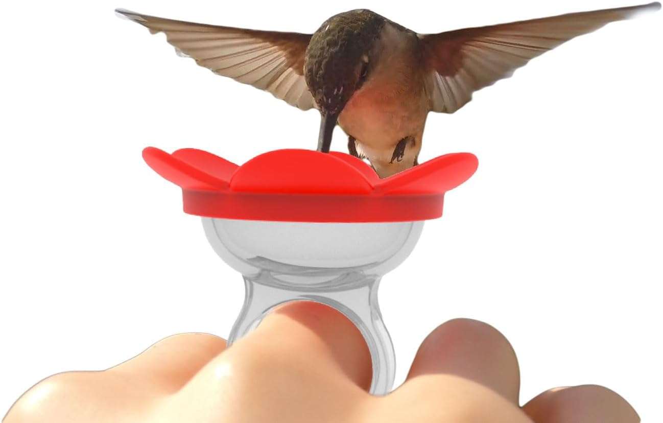 A small horizontal hummingbird feeder mounted on a finger ring.