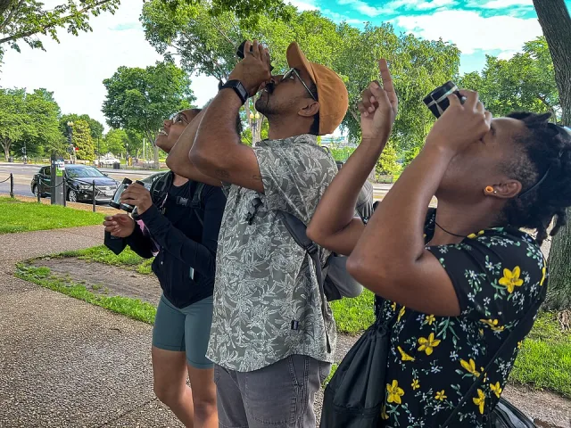 Black bird watchers with binoculars.