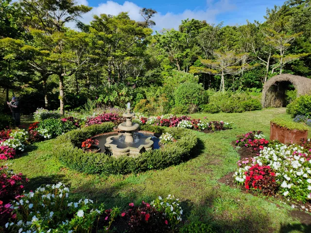 Sculpted gardens with flower beds and a fountain in the middle.