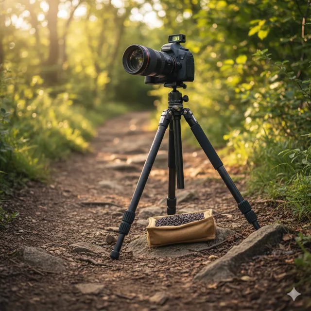 A camera on a tripod on a forest track.