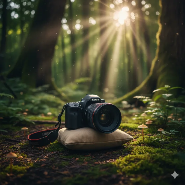 A camera resting on a bean bag on the ground.