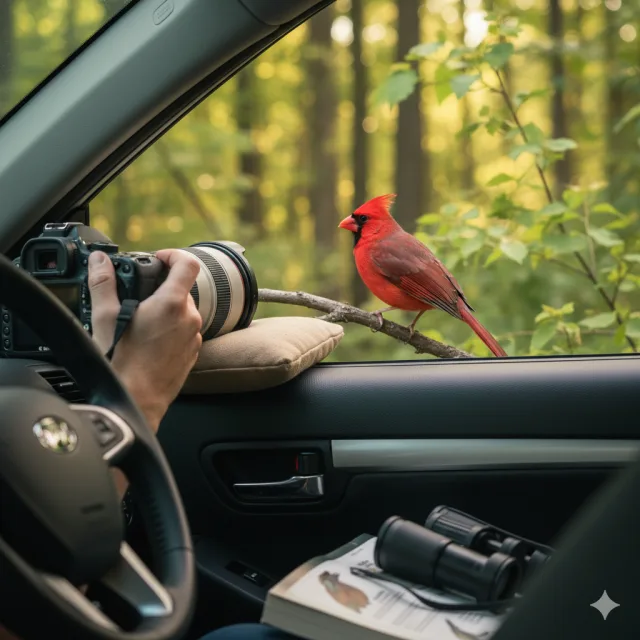 A camera resting on a car window shooting a bird outside.