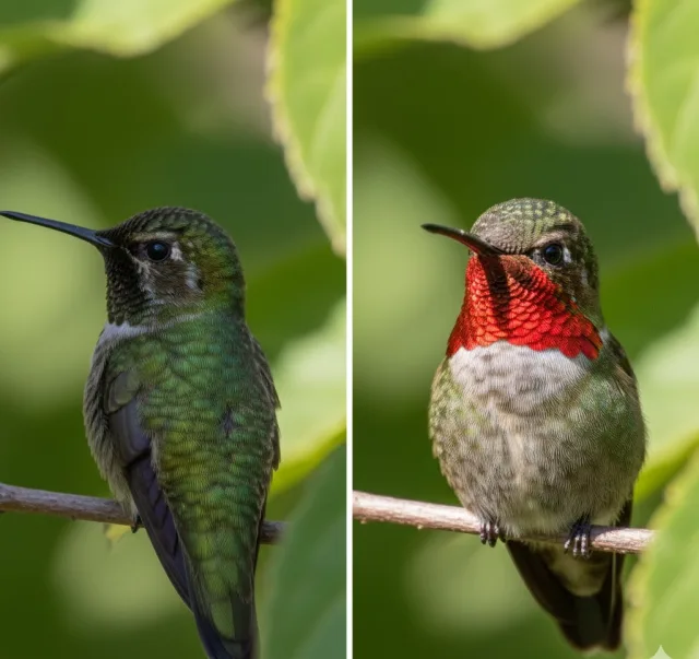 2 images showing a hummingbird in shade with dull colors and one in light showing brilliant colors.