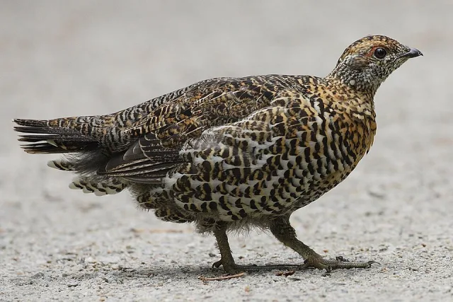Large brown gamebird with white streaks and red eyebrow.