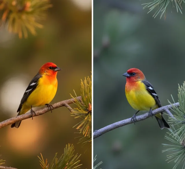 2 images showing a bird in shade with dull colors and one in light showing brilliant colors.
