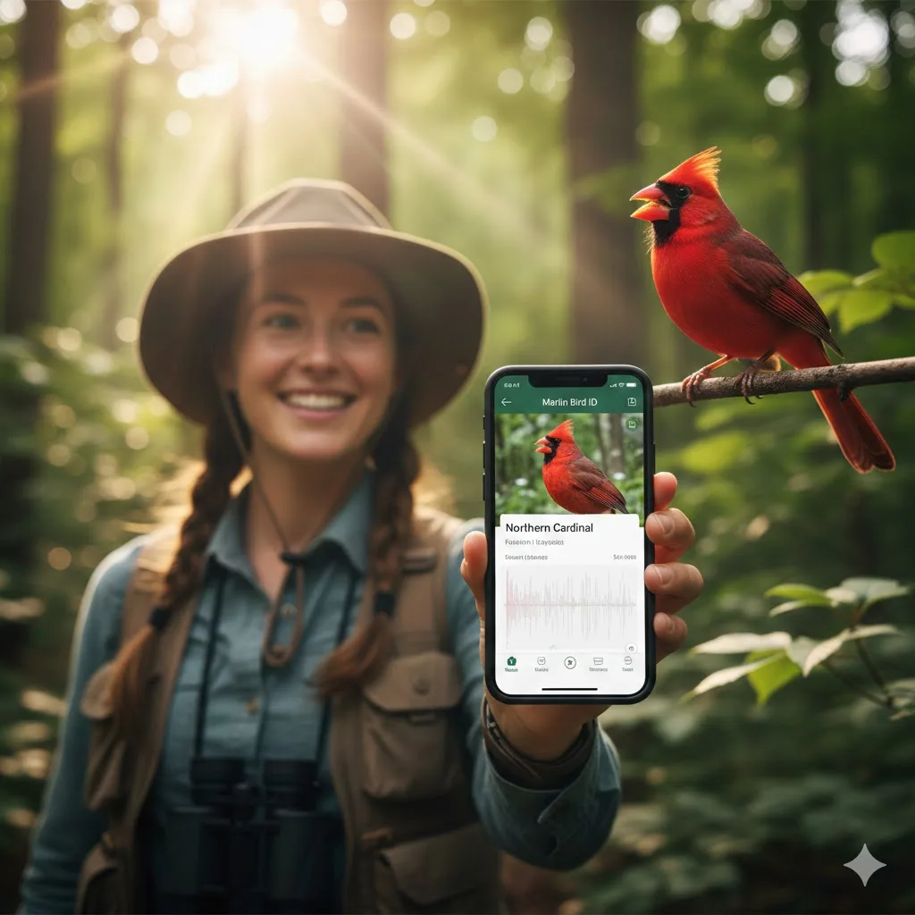 A woman is holding a phone that reflects the bird in front of her.