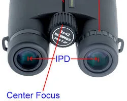 An pair of binoculars marked to show where the diopter is.